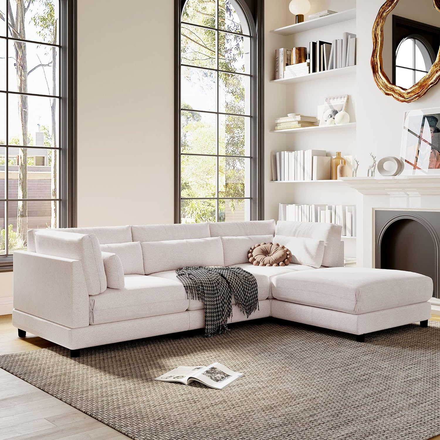 Merax 2 Pieces L Shaped Sofa with Removable Ottomans and Comfortable Waist Pillows, Beige