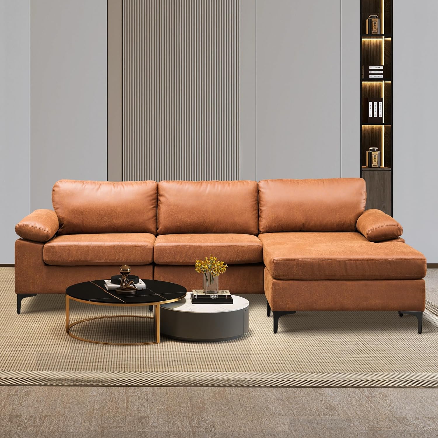 ovios Convertible Sectional Sofa, 97.6 L Shaped Couch with Reversible Chaise, Mid-Century Sofa 3-Seat Sofa with Chaise for Living Room Apartment, Suede Fabric, Brown