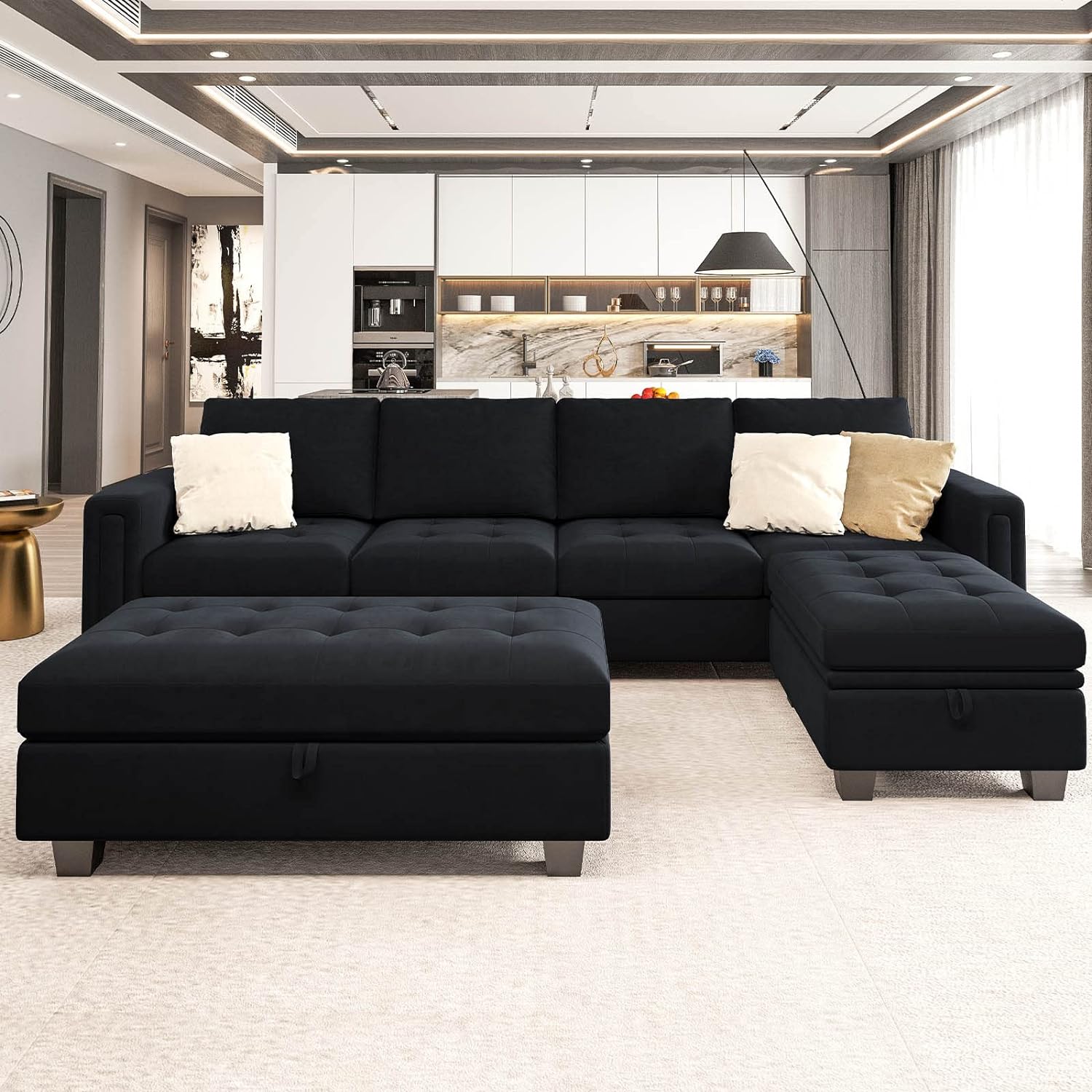 Belffin Velvet Convertible 4-Seat Sectional Sofa with Reversible Chaise L Shaped Sofa Couch Furniture Sets Sectional Couch with Storage Ottoman Black