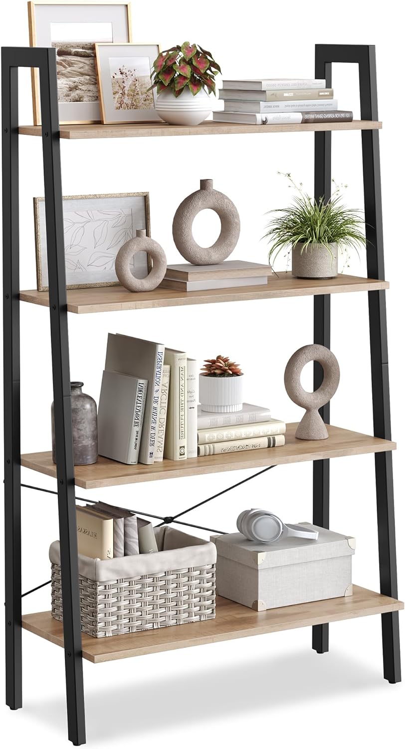 VASAGLE Ladder Shelf, 4-Tier Bookshelf, Storage Rack, Bookcase with Steel Frame, for Living Room, Home Office, Kitchen, Bedroom, Industrial Style, Camel Brown and Black ULLS144B50