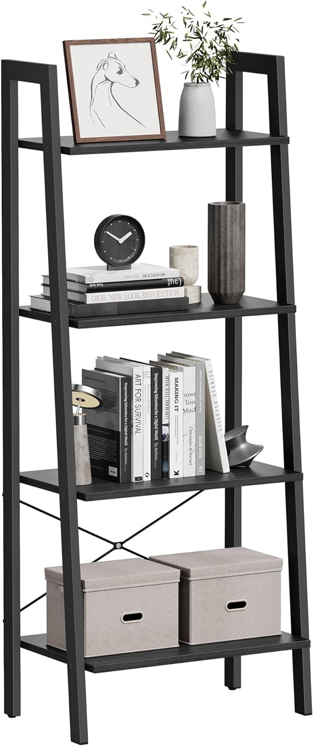 VASAGLE Ladder Shelf, 4-Tier Bookshelf, Storage Rack, Bookcase with Steel Frame, for Living Room, Home Office, Kitchen, Bedroom, Industrial Style, Charcoal Gray and Black ULLS044B04