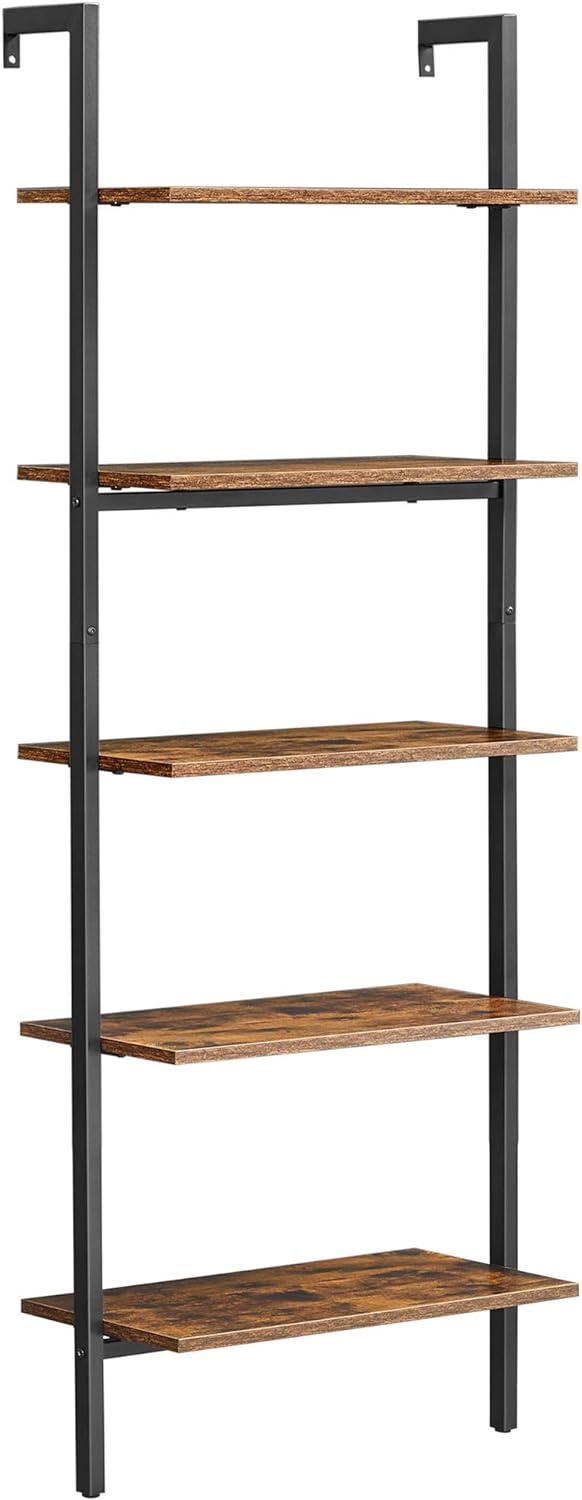 VASAGLE Industrial Ladder Shelf, 5-Tier Bookshelf, Wood Wall Mounted Shelf, Storage Rack Display Shelves for Living Room, Home Office, 23.6 x 11.8 x 67.7 Inches, Rustic Brown and Black ULLS102B01