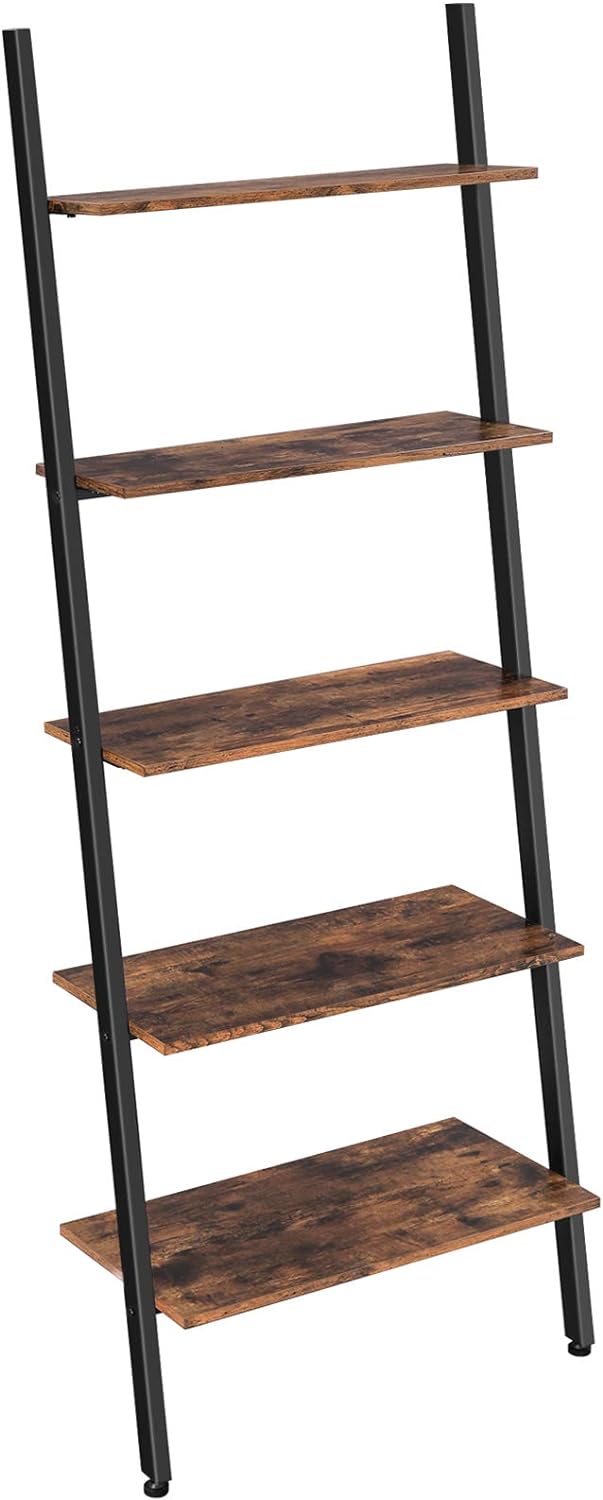 VASAGLE ALINRU Ladder Shelf Leaning Shelf, 5-Tier Bookshelf Rack, for Living Room Kitchen Office, Stable Steel, Industrial, Rustic Brown and Black ULLS46BX