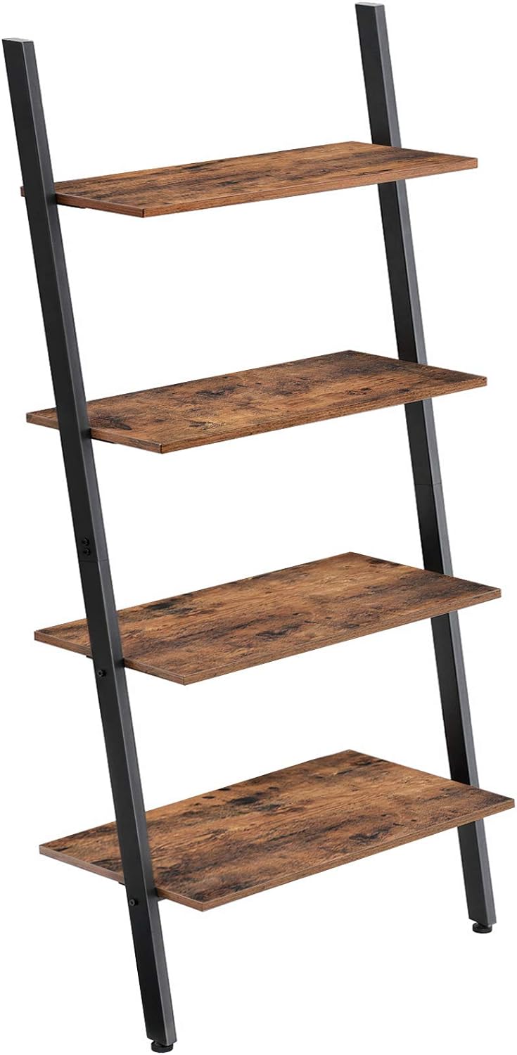 VASAGLE ALINRU Ladder Shelf, 4-Tier Bookshelf, Storage Rack Shelves, for Living Room, Kitchen, Office, Steel, Stable, Sloping, Leaning Against The Wall, Industrial, Rustic Brown and Black ULLS43BX