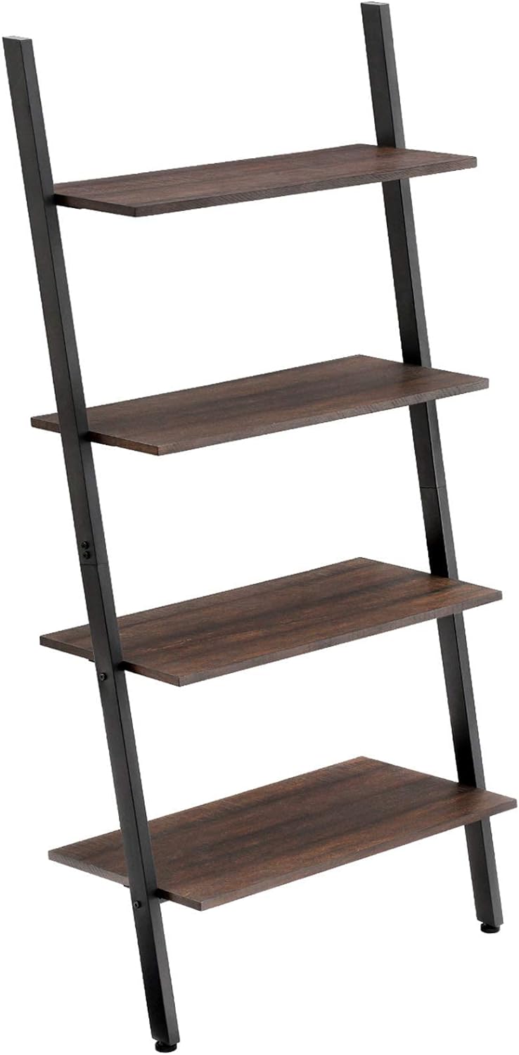 VASAGLE Ladder Shelf, 4-Tier Bookshelf, Storage Rack Shelves, for Living Room, Kitchen, Office, Steel, Stable, Sloping, Leaning Against The Wall, Industrial, Rustic Dark Brown and Black ULLS43BF