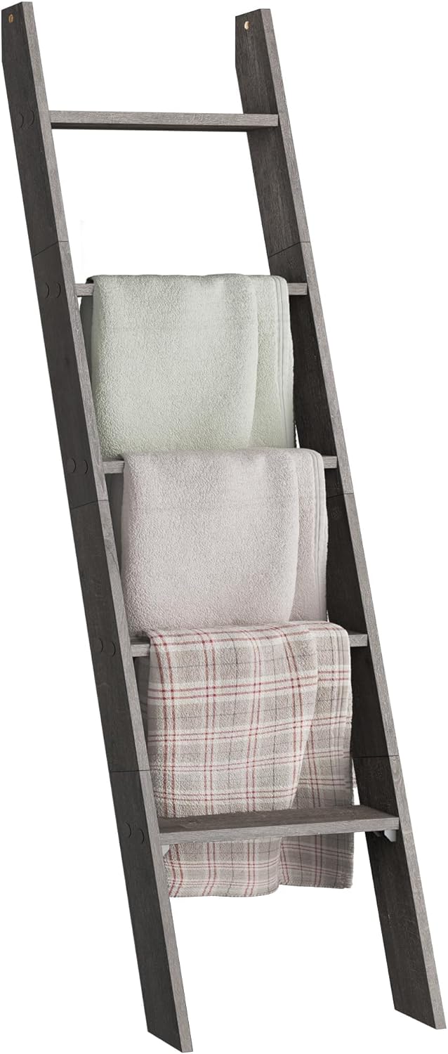 VASAGLE Blanket Ladder Decorative Farmhouse for The Living Room, 5-Tier Ladder Shelf, Ladder Rack for Storage and Decor, Misty Gray ULLS018G68