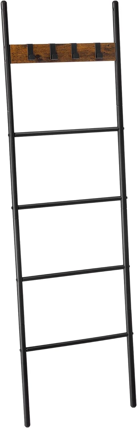 VASAGLE Blanket Ladder, 5-Tier Ladder Shelf, Decorative Ladder with 4 Removable Hooks, Metal Frame, Industrial Style, Rustic Brown and Black ULLS016B01