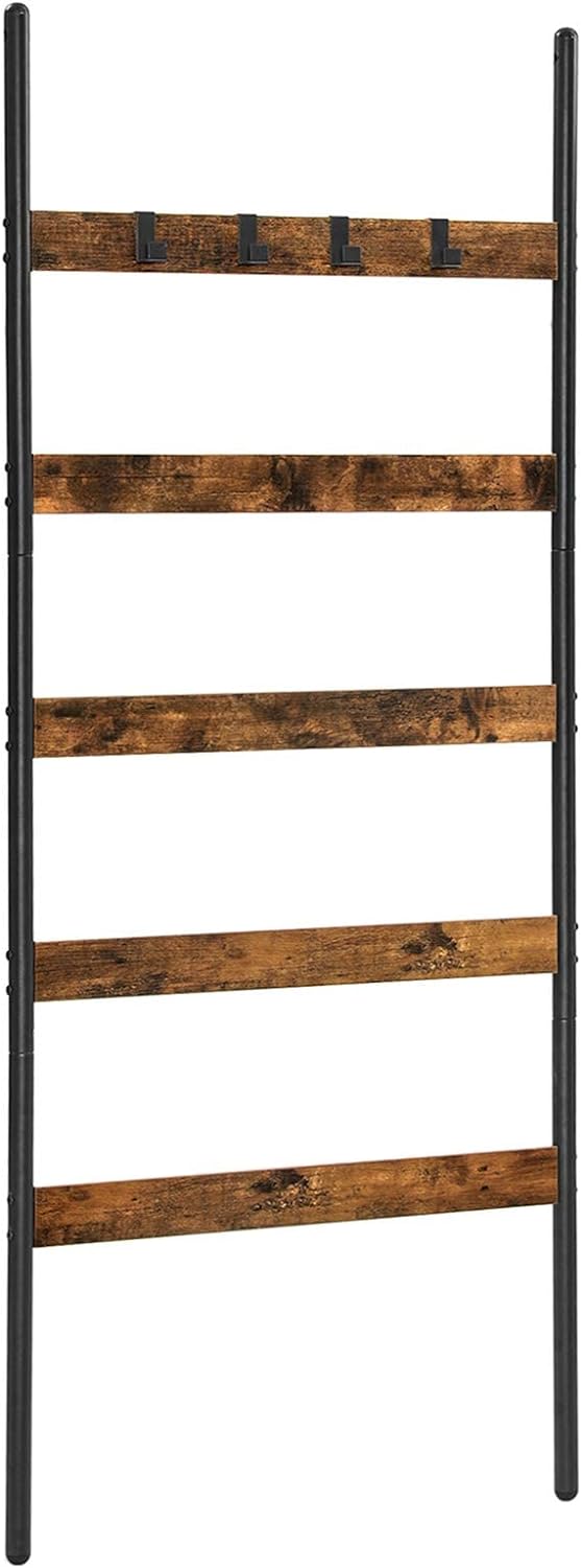 VASAGLE Blanket Ladder, 5-Tier Ladder Shelf, Wall-Leaning Rack, Steel, 25.6 Inch Wide, Scarves, Industrial Style, Rustic Brown and Black ULLS011B01