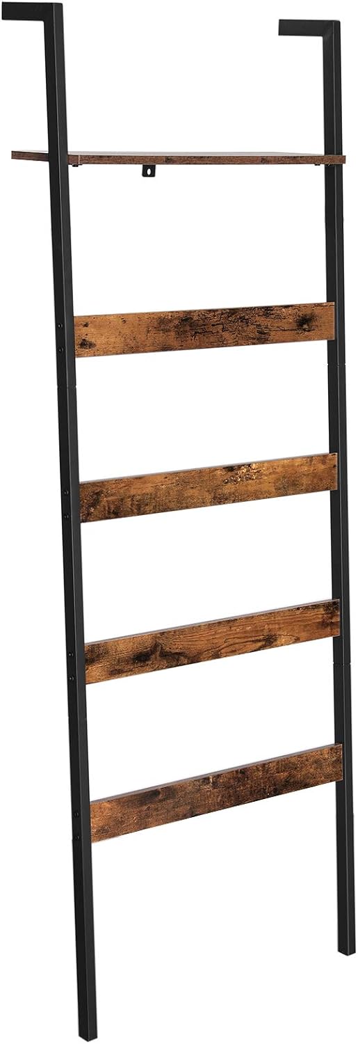 VASAGLE Blanket Ladder, Wall-Leaning Rack with Storage Shelf, for Blankets, Quilt, Towels, Scarves, Steel Frame, Industrial Style, Rustic Brown and Black ULLS012B01