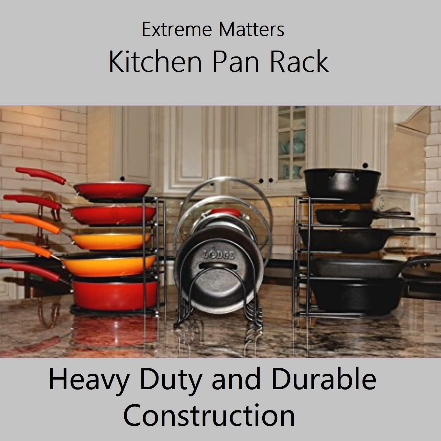 Heavy Duty Pots and Pans Organizer - For Cast Iron Skillets, Pots, Frying Pans, Lids | 5-Tier Durable Steel Rack for Kitchen Counter & Cabinet Storage and Organization - No Assembly Required [Black]