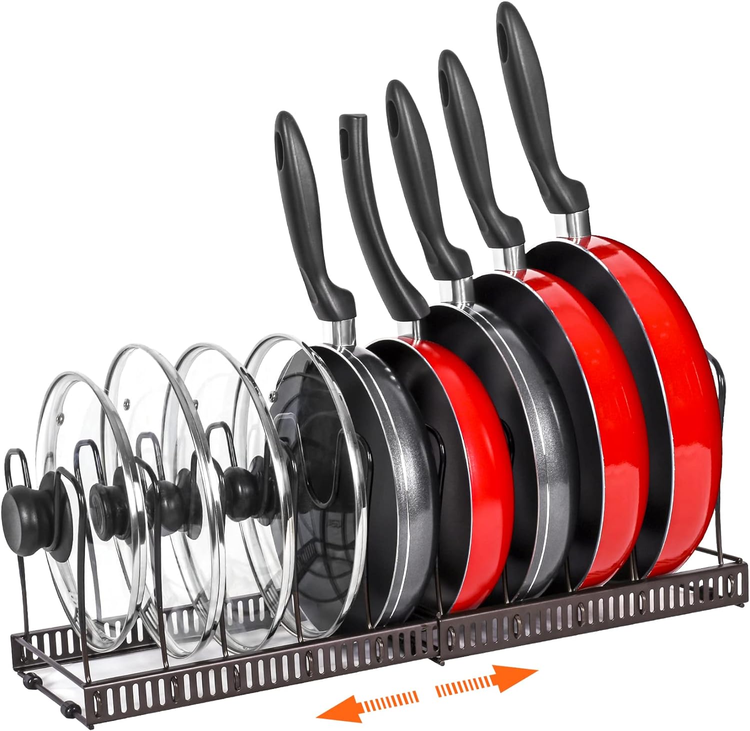 ROOHUA Pot Rack -Expandable Pan Organizer for Cabinet,Pot Lid Holder with 10 Adjustable Compartment for Kitchen Cabinet Cookware Baking Frying Rack,Bronze