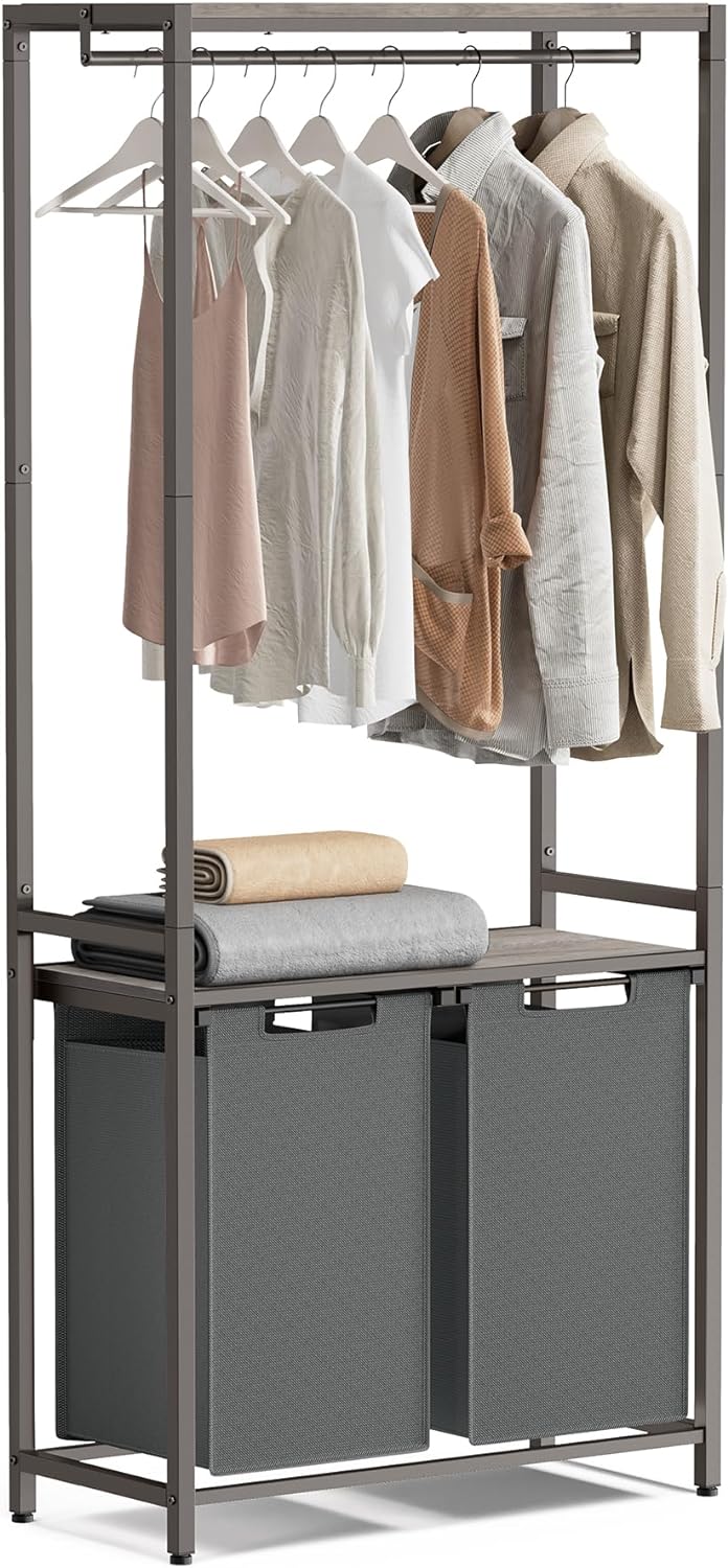 VASAGLE Laundry Basket, 2-Section Laundry Hamper with Pull-Out and Removable Liners, Clothes Rail, 2 x 12.1 Gallons, 28.7 x 13 x 69.7 Inches, Heather Greige and Slate Gray UBLH231G02