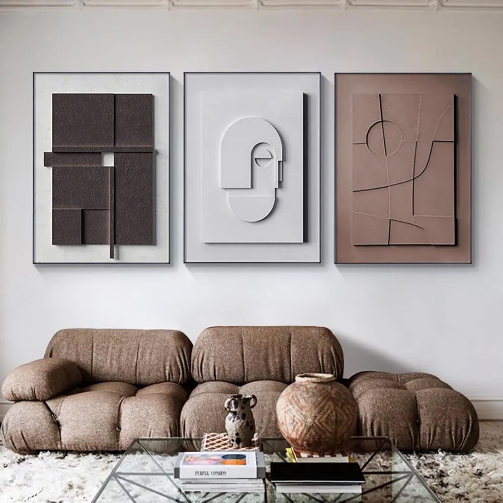homary Japandi Canvas Wall Art Sets of 3, Modern Abstract Art Painting Hanging Wall Decor Set with Rectangle Frame