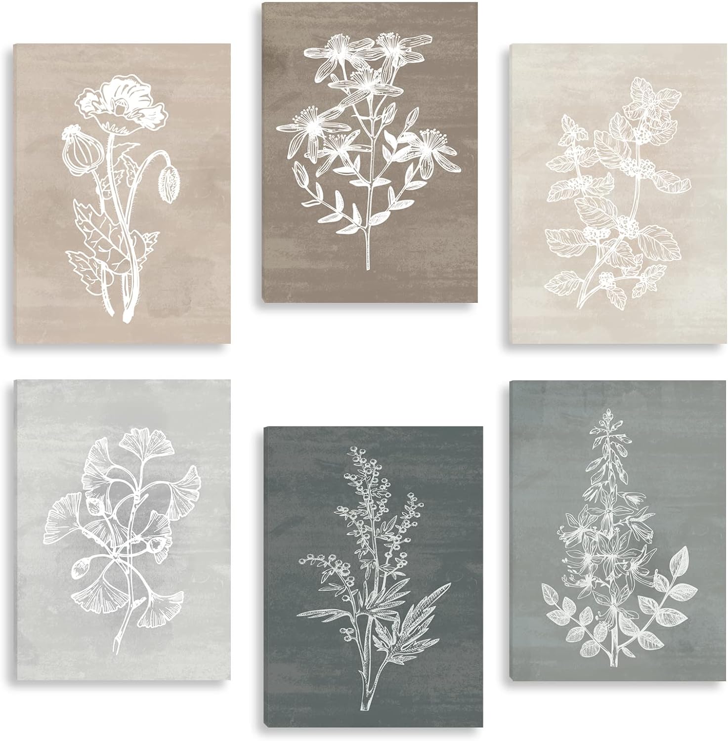 BINCUE Neutral Botanical Plant Canvas 6 Pieces Rustic Farmhouse Wall Art for Living Room Bedroom and Bathroom,Canvas Paintings Print Set Decor 12x 16