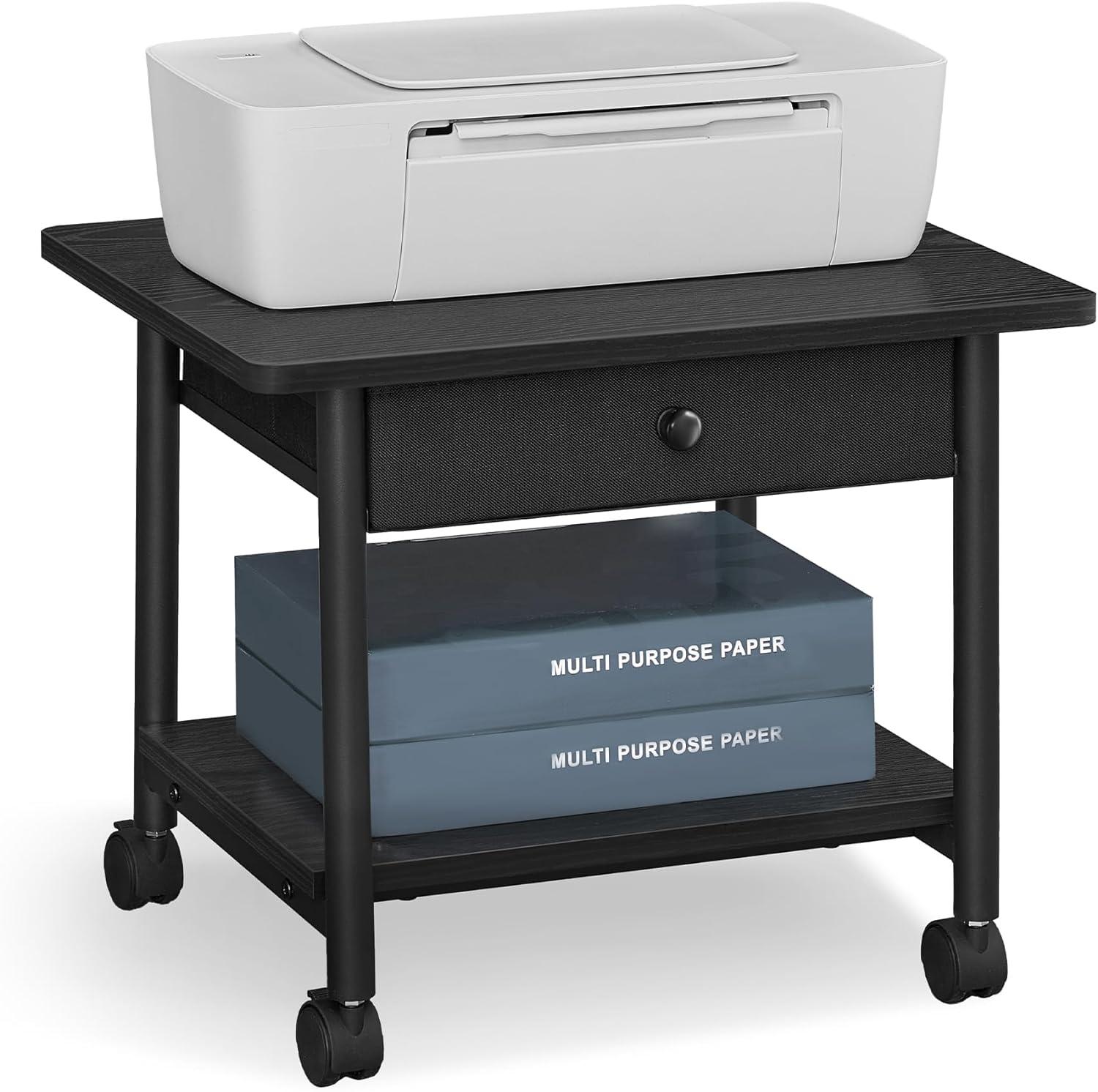 VASAGLE Printer Stand, Under Desk Printer Stand with Wheels, Drawer with Divider, Bottom Shelf, Fits Inkjet, Laser, Photo, All-in-One Printers, Home Office, Ebony Black and Ink Black UOPS004B56