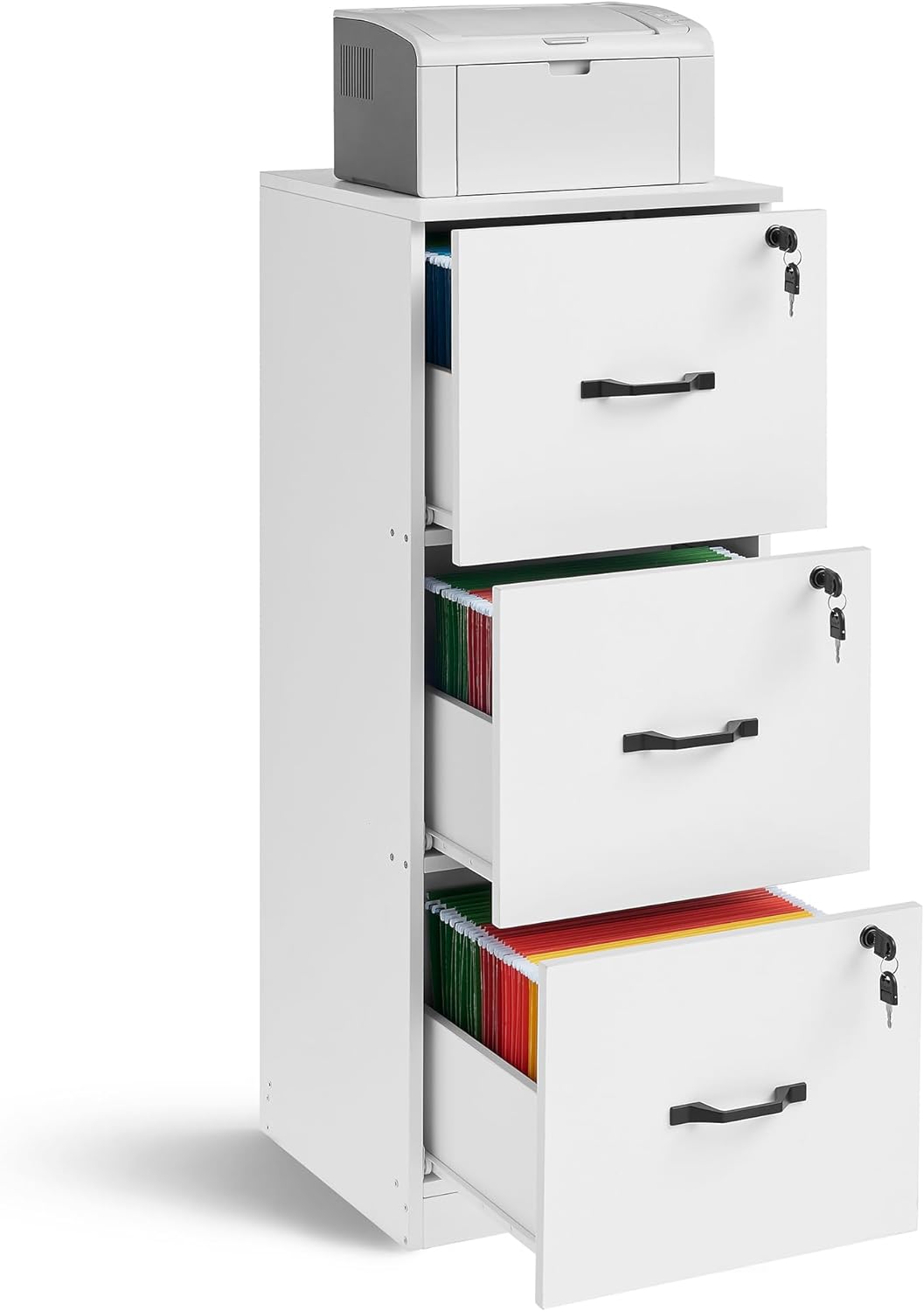 VASAGLE Vertical Cabinet for Home Office, Printer Stand, with 3 Lockable Drawers, Adjustable Hanging Rail, for A4 and Letter-Size Files, Cloud White UOFC055W14