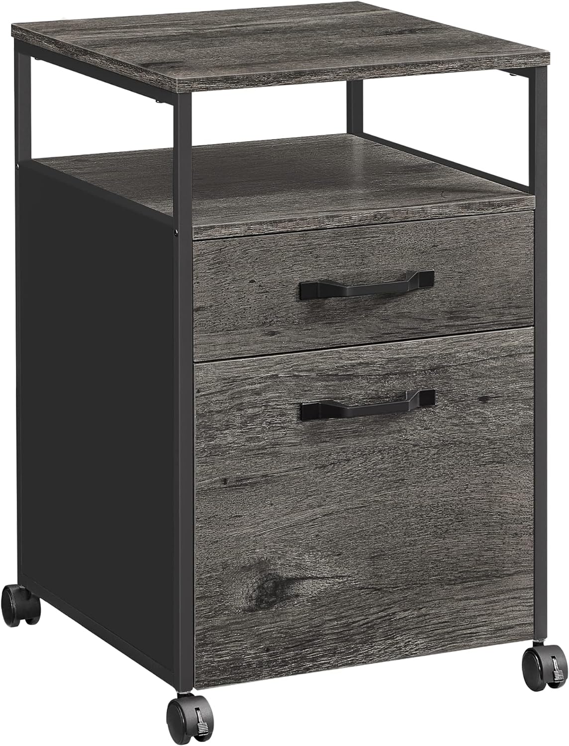 VASAGLE File Cabinet, Mobile Filing Cabinet with Wheels, 2 Drawers, Open Shelf, for A4, Letter Size, Hanging File Folders, Charcoal Gray and Black UOFC071B04, 17.3D x 16.5W x 26.2H