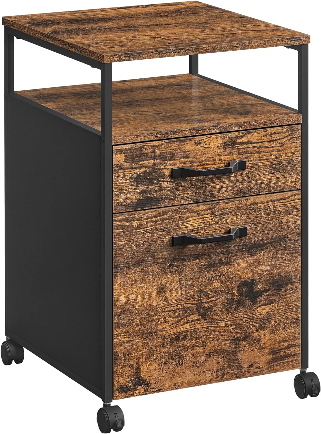 VASAGLE File Cabinet, Mobile Filing Cabinet with Wheels, 2 Drawers, Open Shelf, for A4, Letter Size, Hanging File Folders, Rustic Brown and Black UOFC71X, 17.3D x 16.5W x 26.2H