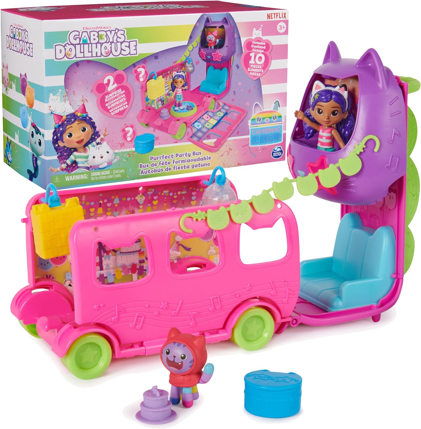 Gabby' Dollhouse Celebration Party Bus Playset with Gabby & DJ Catnip Toy Figures and Dollhouse Accessories, Kids Toys for Ages 3 and Up