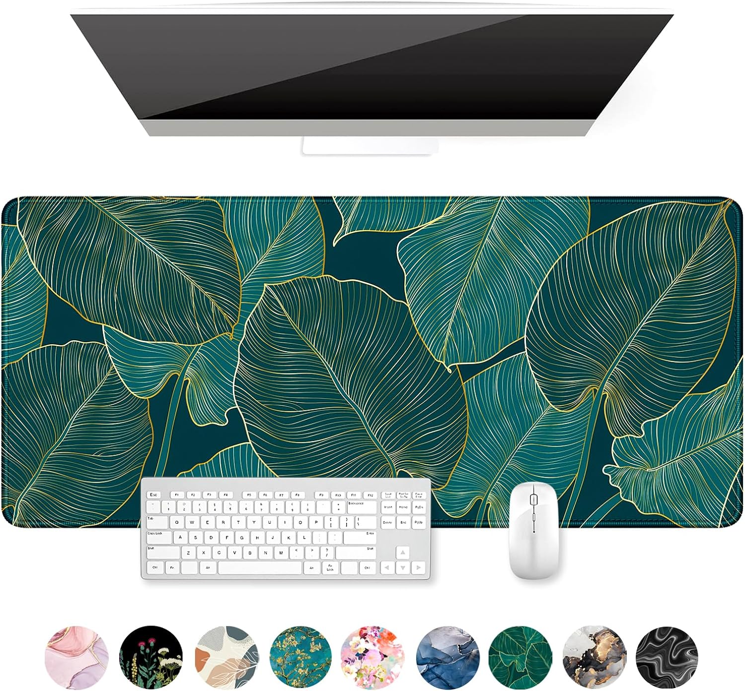Auhoahsil Extended Mouse Pad, XXL Gaming Mouse Pads, Large Big Mousepad Laptop Computer Keyboard Mat Desk Pad with Non-Slip Base Stitched Edge for Gaming Office, 35.5 x 15.7 inch, Tropical Leaves