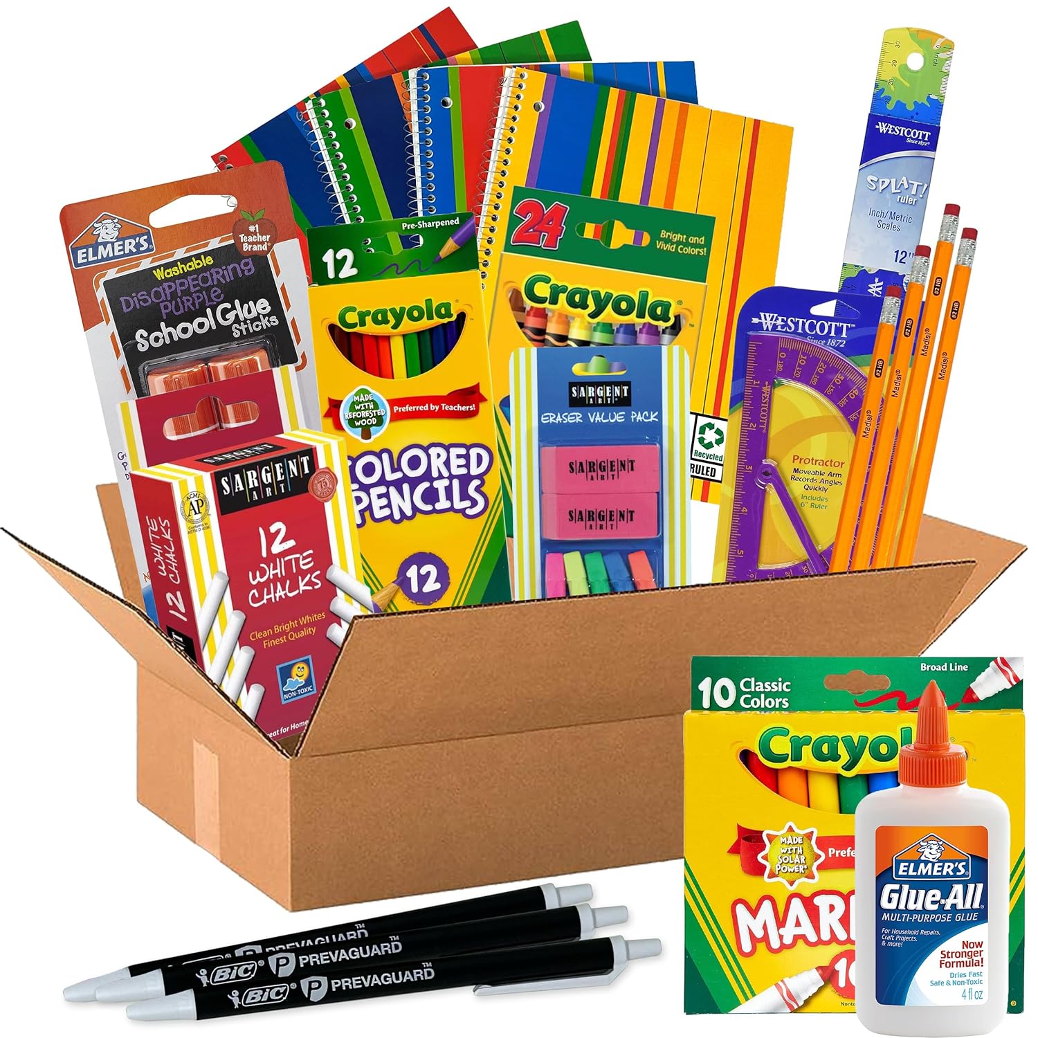 School Supplies Set for Kids Back to School, School Supply Set for Girls, Boys, Includes Name Brand Crayons, Pencils, Ruler, Notebooks, Protractor, Glue, Chalk, Erasers, Scissors, Markers, Glue, Pens