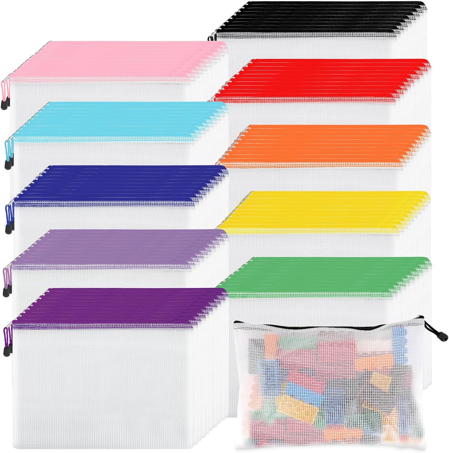 EOOUT 100pcs Mesh Zipper Pouch, A4 Size, 10 Colors Zipper Bags for Organizing Storage, Waterproof Puzzle Bag, Zipper File Bags for Board Games and School Office Supplies