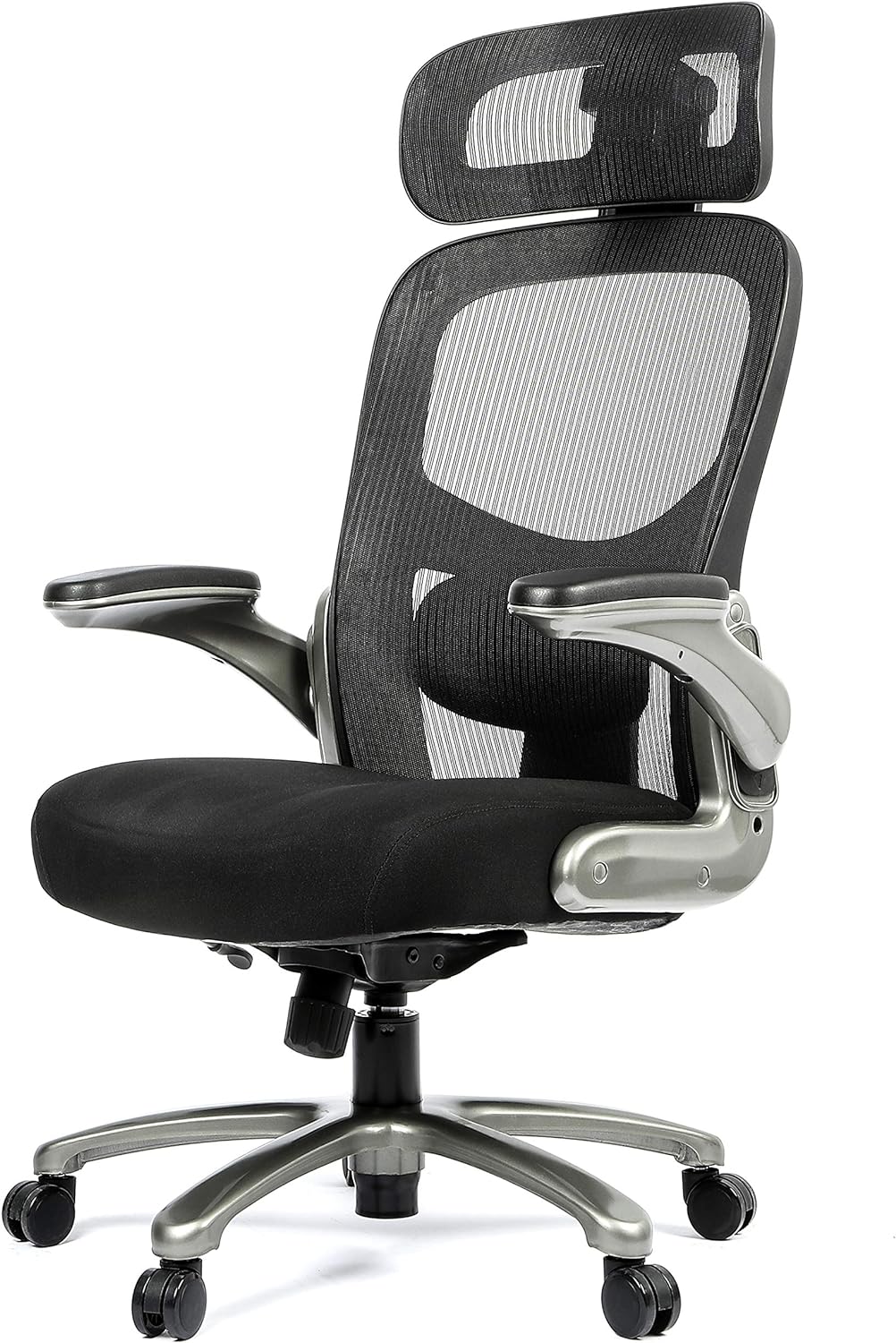 OFFICE FACTOR 500 Lbs Rated Ergonomic Big and Tall, Flip-Up arms, Mesh Swivel Office Chair with Anti Scratch Wheels, Mesh Executive Chair (Black with Headrest)