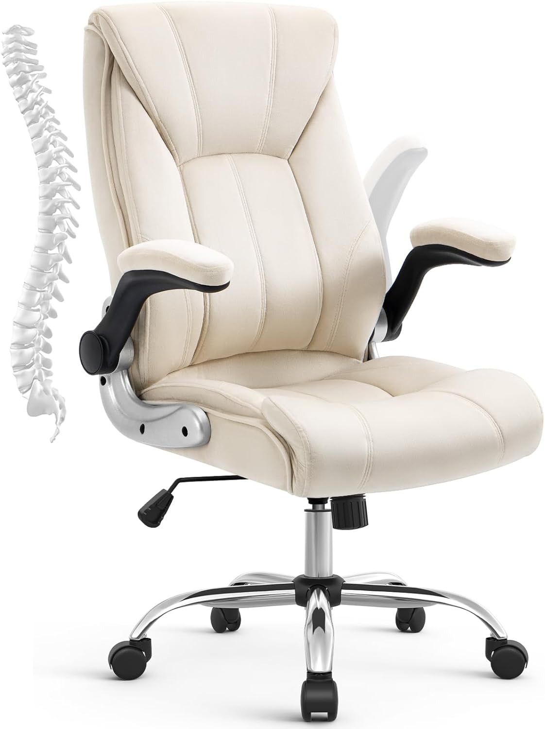 SEATZONE Executive Home Office Chair High Back Soft Velvet with Flip-up Armrests Adjustable Height and Lumbar Support, Comfortable Computer Chair for Adults, Modern Beige