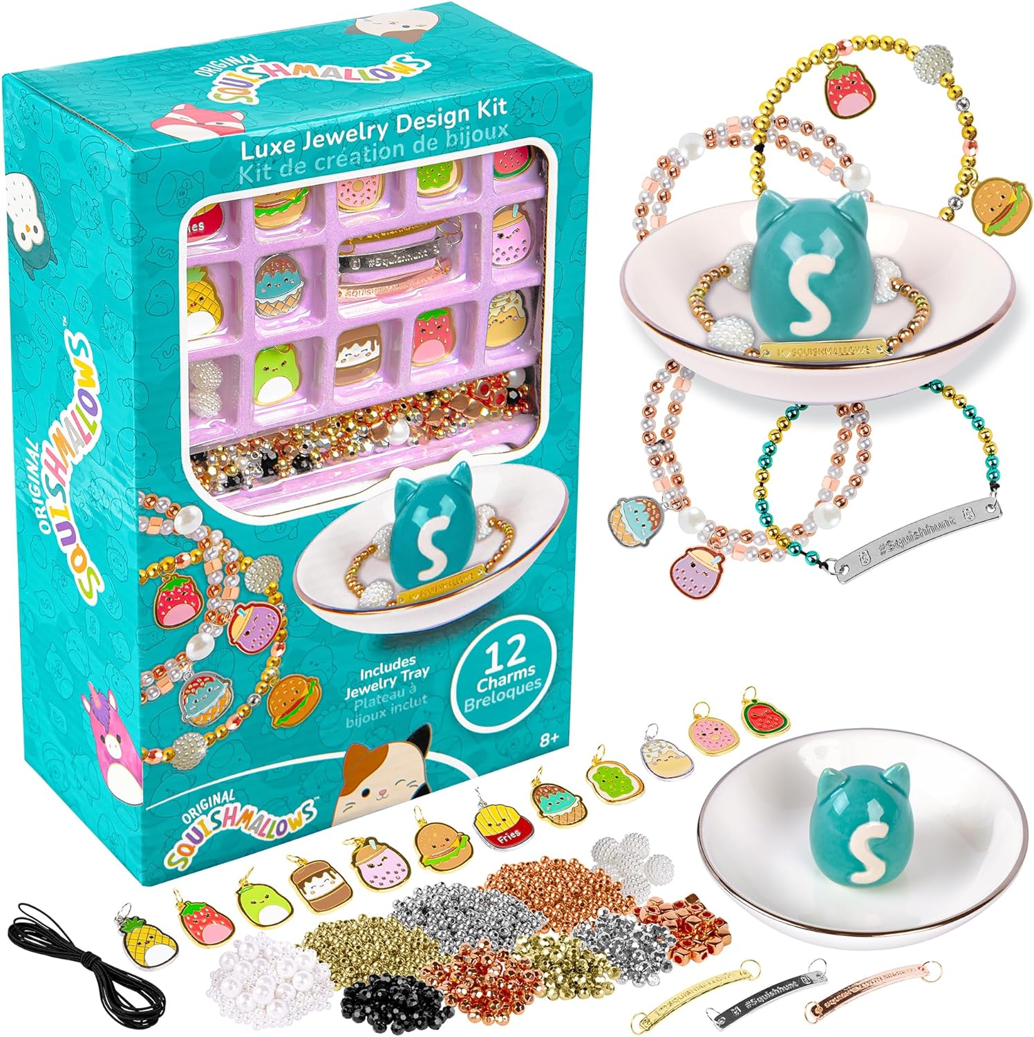 Fashion Angels Squishmallows Squish Luxe Jewelry Set - Includes 12 Squishmallows Charms, Ceramic Trinket Dish, 6 Wax Berry Beads, and More -Makes 12+ Bracelets- Join The Squish Squad - Ages 8 and Up