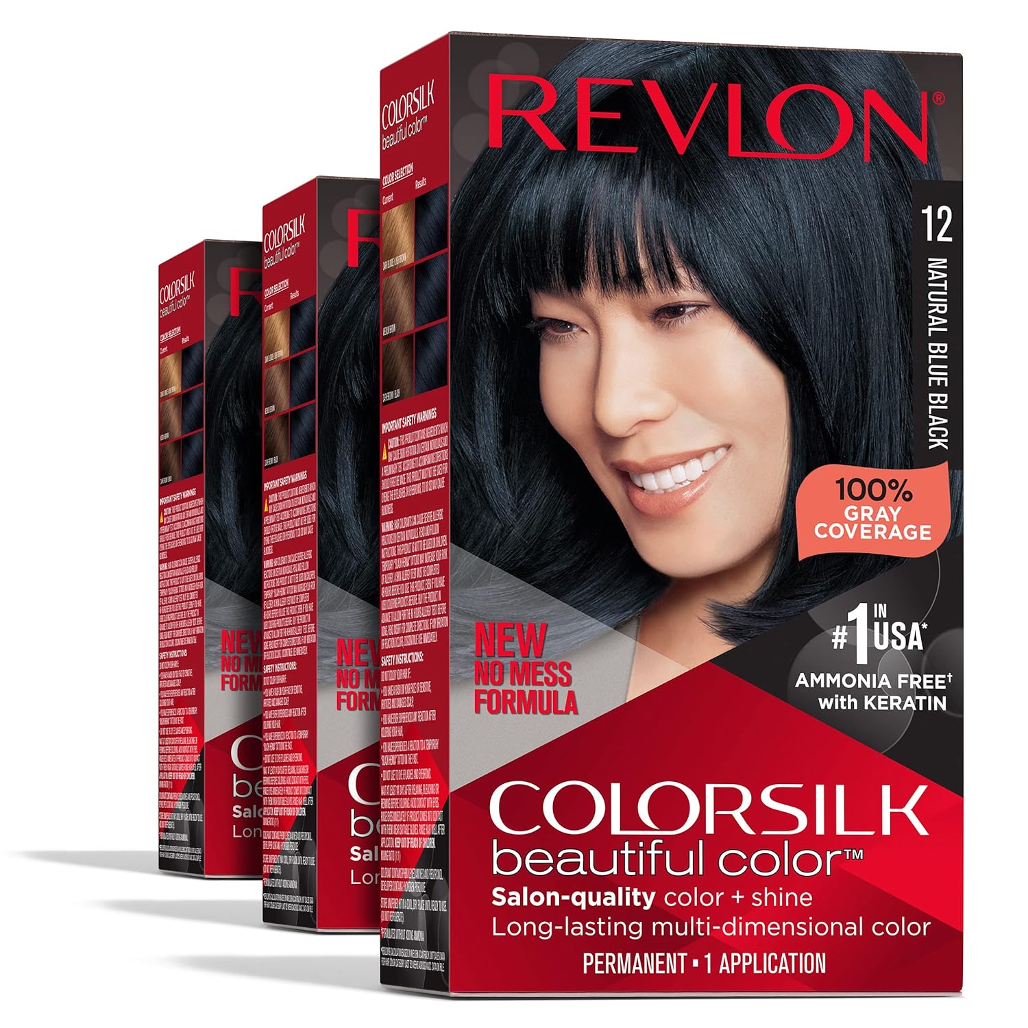 Revlon Permanent Hair Color, Permanent Black Hair Dye, Colorsilk with 100% Gray Coverage, Ammonia-Free, Keratin and Amino Acids, Black Shades (Pack of 3)