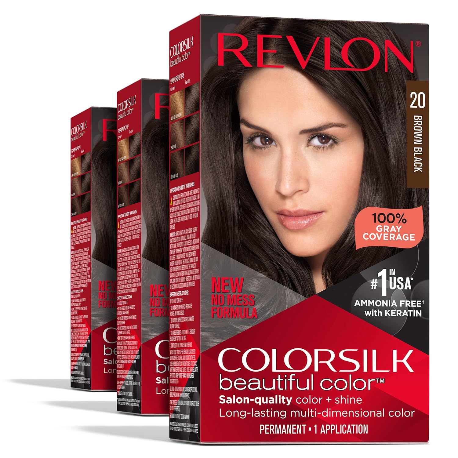 Revlon Permanent Hair Color, Permanent Brown Hair Dye, Colorsilk with 100% Gray Coverage, Ammonia-Free, Keratin and Amino Acids, Brown Shades (Pack of 3)