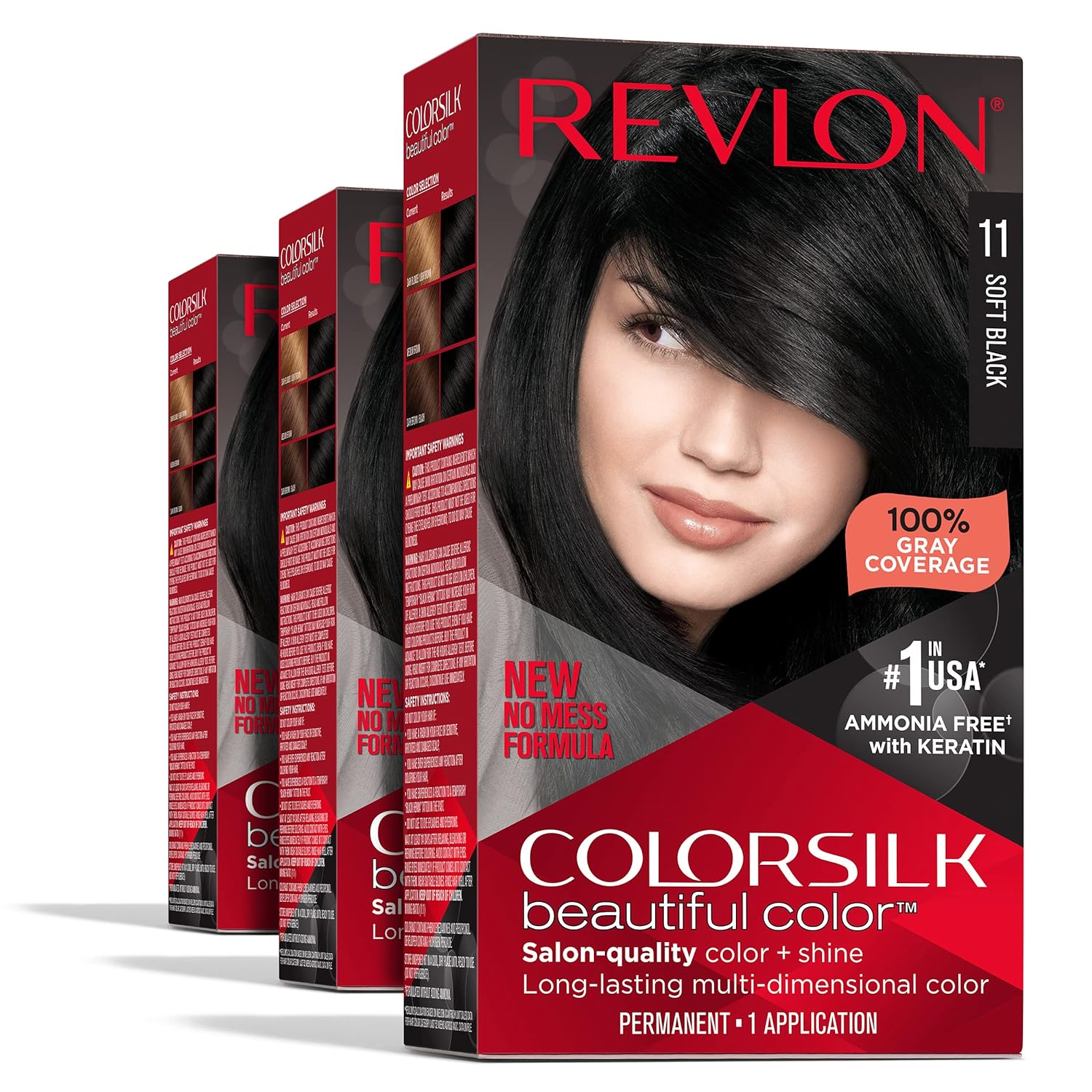 Permanent Hair Color by Revlon, Permanent Hair Dye, Colorsilk with 100% Gray Coverage, Ammonia-Free, Keratin and Amino Acids, 011 Soft Black, (Pack of 3)