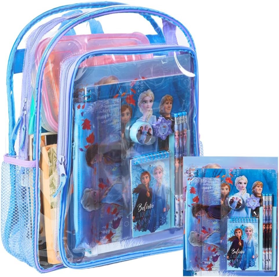 Large Clear Backpack for Kids with Disney Frozen School Supplies Set, 16 inch Stadium Approved Transparent Bag, Purple