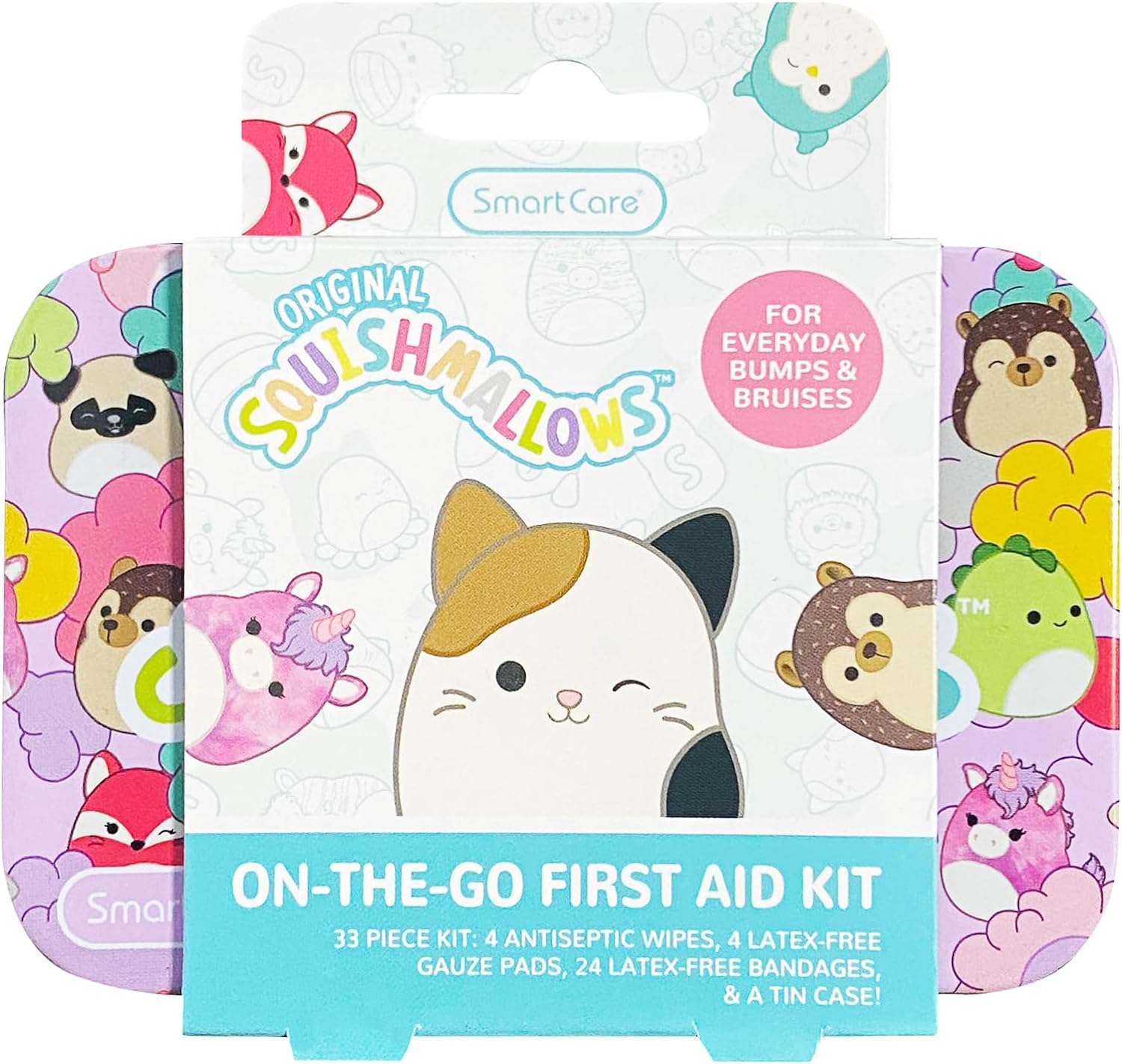 Smart Care Squishmallow First Aid Kit with Antiseptic Wipes, Latex-Free Gauze Pads and Bandages in Tin Case, 33PC