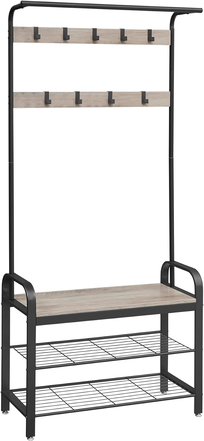 VASAGLE Coat Rack, Hall Tree with Shoe Bench for Entryway, Entryway Bench with Coat Rack, 4-in-1, with 9 Removable Hooks, a Hanging Rod, 13.3 x 33.1 x 72.1 Inches, Greige and Black UHSR400B02