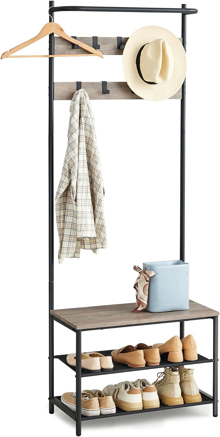 VASAGLE Coat Rack with Shoe Storage, Hall Tree, Coat Stand with Shoe Bench for Hallway, 9 Movable Hooks, Top Bar, 12.7 x 25.2 x 70.9 Inches, Bedroom, Industrial, Greige and Black HSR411B02