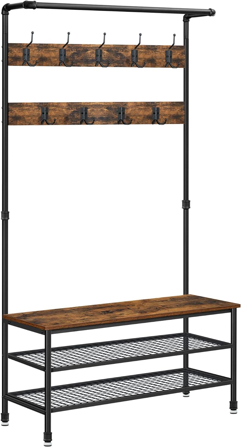 VASAGLE DAINTREE 3-in-1 Entryway Coat Rack and Storage Bench, Pipe Style Hall Tree with 9 Hooks, Multifunctional, Sturdy Steel Frame, Large Size, Industrial, Rustic Brown and Black UHSR47BX