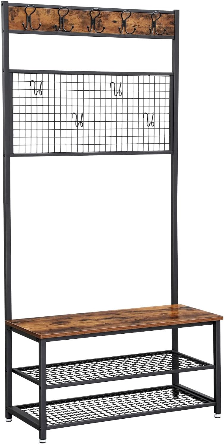 VASAGLE Industrial Coat Rack Stand, Shoe Rack Bench with Grid Memo Board, 9 Hooks and Storage Shelves, Hall Tree with Stable Metal Frame, Rustic Brown UHSR46BX