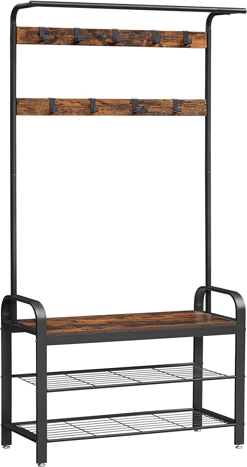 VASAGLE Coat Rack, Hall Tree with Shoe Bench for Entryway, Entryway Bench with Coat Rack, 4-in-1, with 9 Removable Hooks, a Hanging Rod, 13.3 x 33.1 x 72.1 Inches, Rustic Brown and Black UHSR400B01