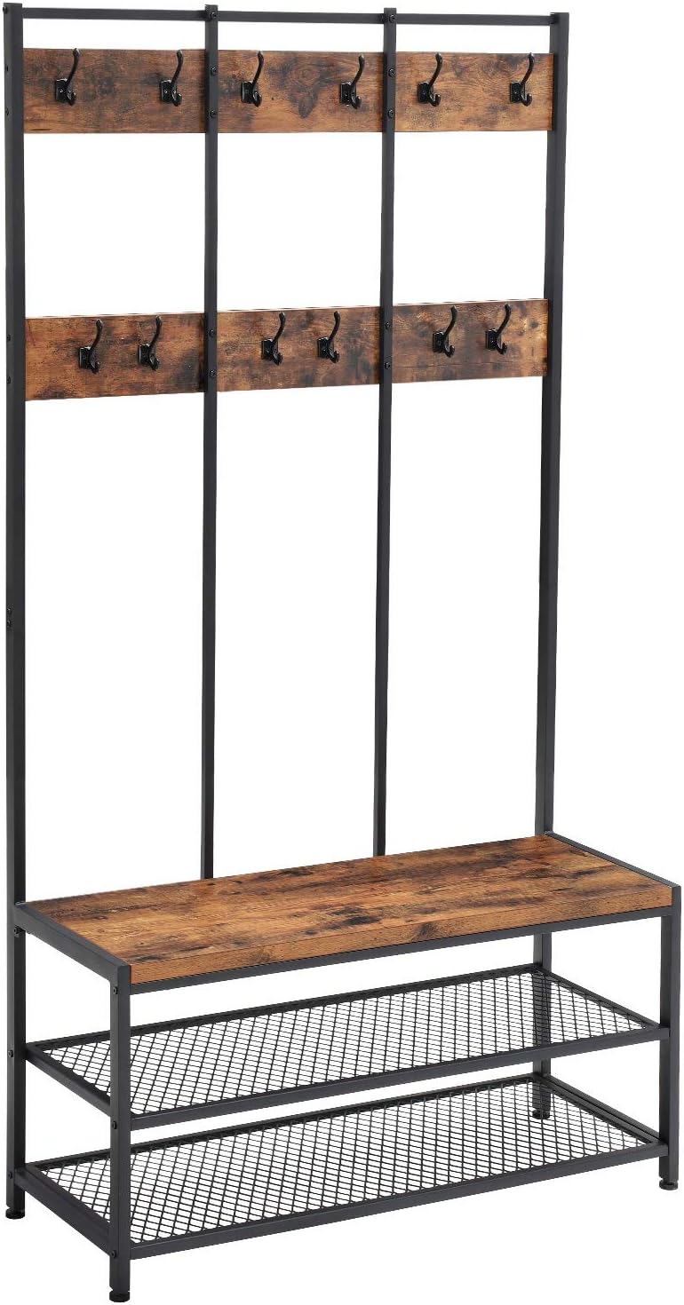 VASAGLE Large Coat Rack Stand, Coat Tree with 12 Hooks and Shoe Bench in Industrial Design, Hall Tree, Multifunctional Hallway Shelf, Office, Bedroom, Rustic Brown and Black UHSR86BX