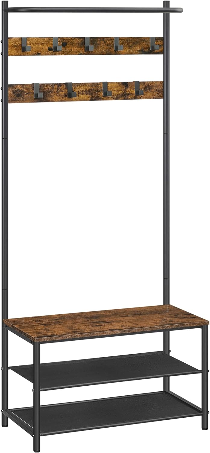 VASAGLE Hall Tree with Bench and Shoe Storage, Entryway Bench with Coat Rack Stand and Shoe Rack, 9 Removable Hooks, Top Bar, Fabric Shelves, Industrial, Rustic Brown and Black UHSR411B01