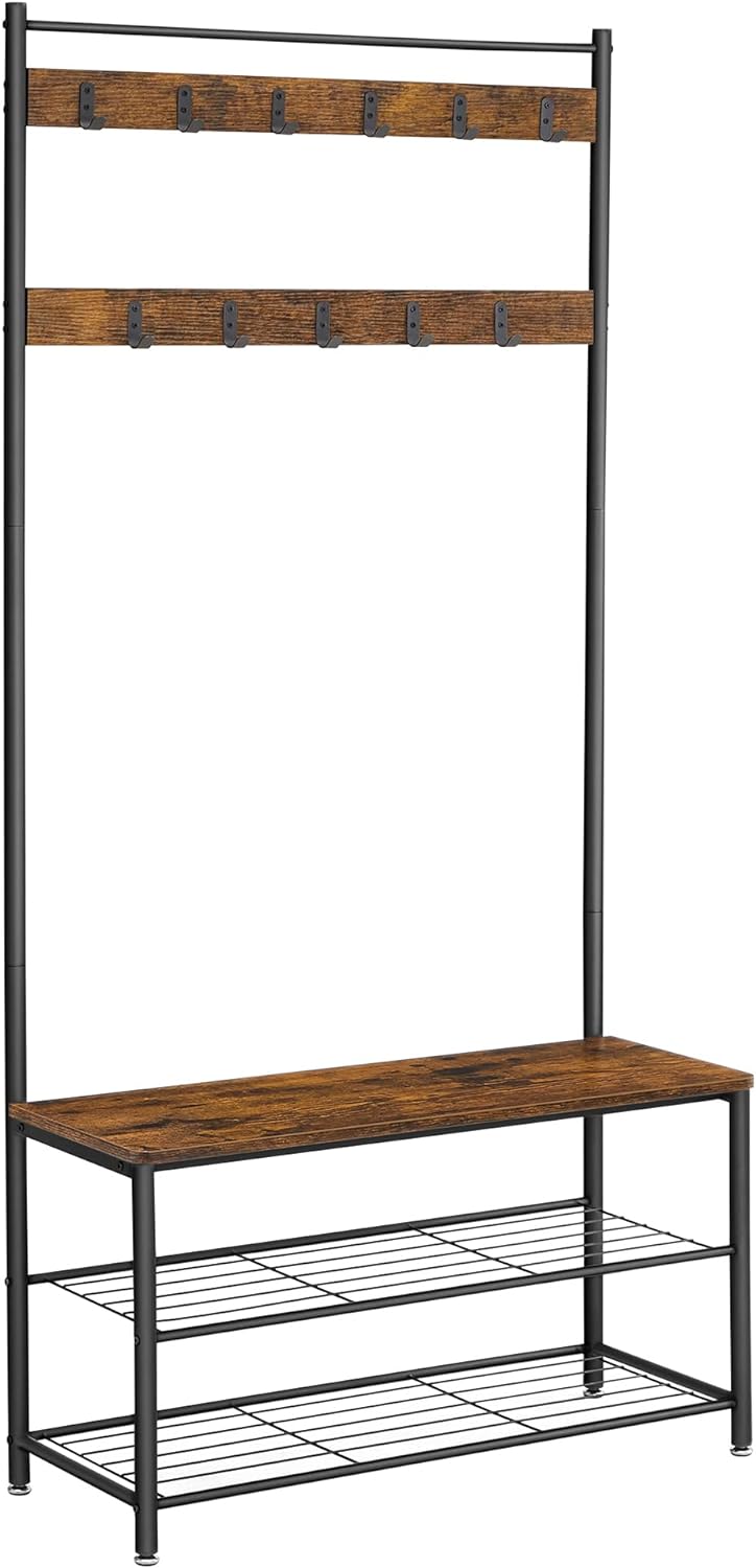 VASAGLE Coat Rack, Hall Tree with Shoe Storage Bench, Entryway Bench with Shoe Storage, 3-in-1, Steel Frame, for Entryway, 12.6 x 33.5 x 68.9 Inches, Industrial, Rustic Brown and Black UHSR401B01