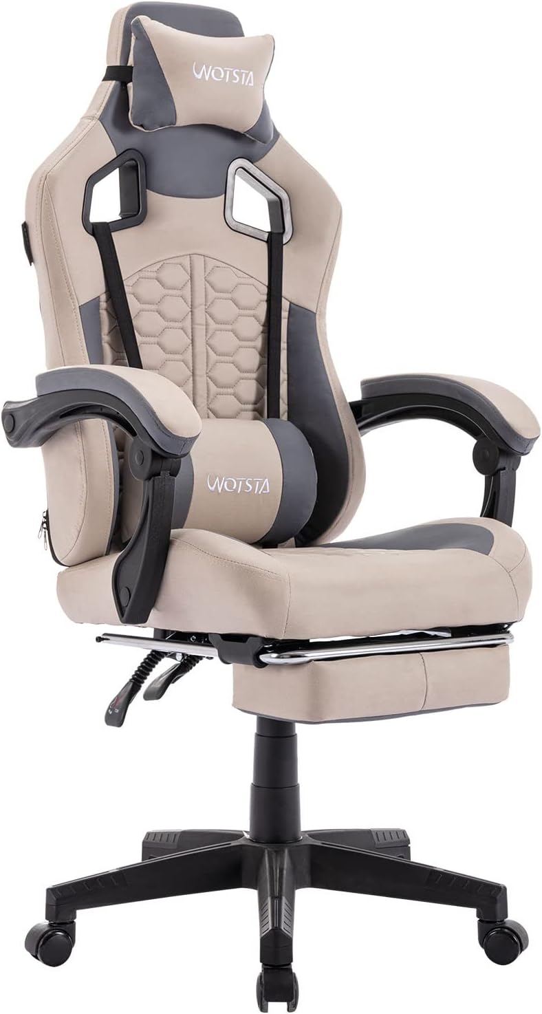 WOTSTA Gaming Chair with Massage,Ergonomic PC Gaming Chair with Footrest Comfortable Headrest and Lumbar Support, High Back PVC Leather,300LBS (Grey)