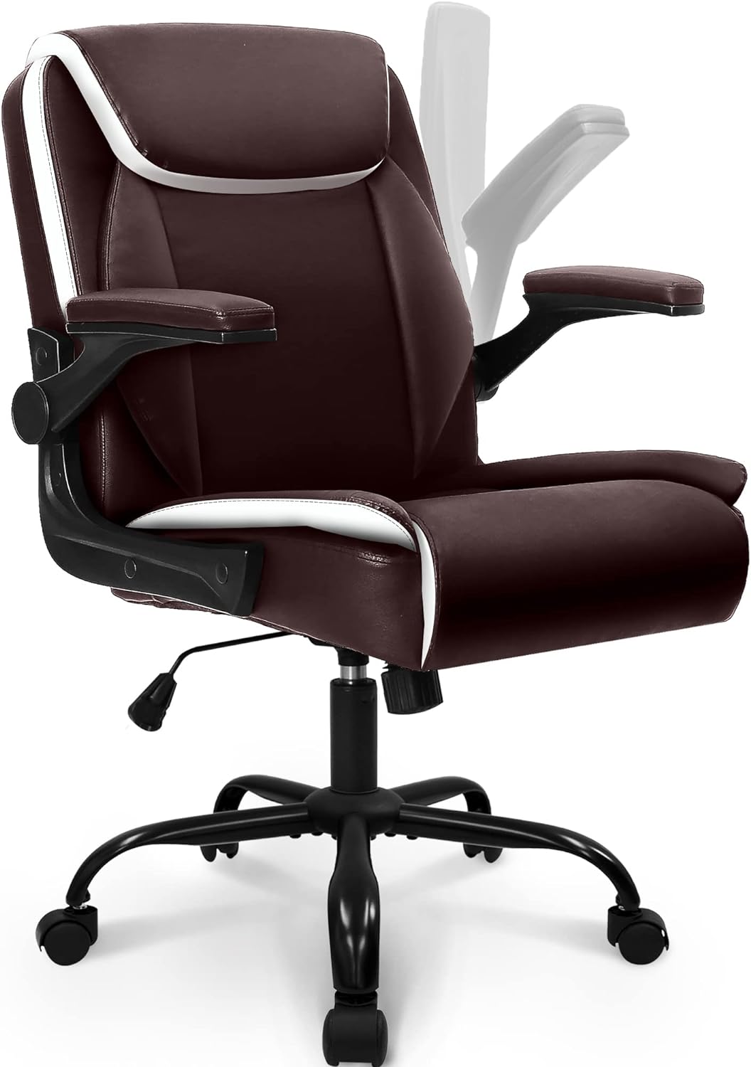 NEO CHAIR Office Chair Adjustable Desk Chair Mid Back Executive Comfortable PU Leather Ergonomic Gaming Back Support Home Computer with Flip-up Armrest Swivel Wheels (Brown)