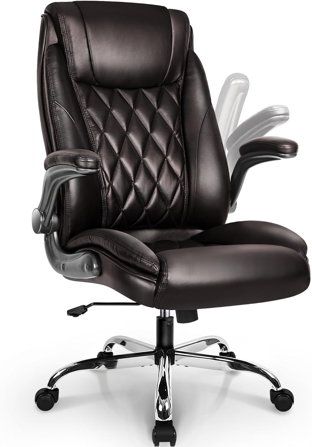 NEO CHAIR Office Chair Computer High Back Adjustable Flip-up Armrests Ergonomic Desk Chair Executive Diamond-Stitched PU Leather Swivel Task Chair with Armrests Lumbar Support (Dark Brown)