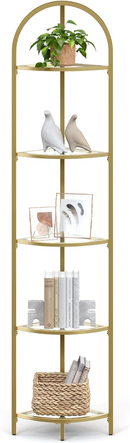 VASAGLE 5-Tier Corner Shelf Stand, Corner Bookshelf, Bathroom Organizer, Plant Stand, Tempered Glass, Steel Frame, Modern Style, for Living Room, Bathroom, Kitchen, Metallic Gold ULGT810A01