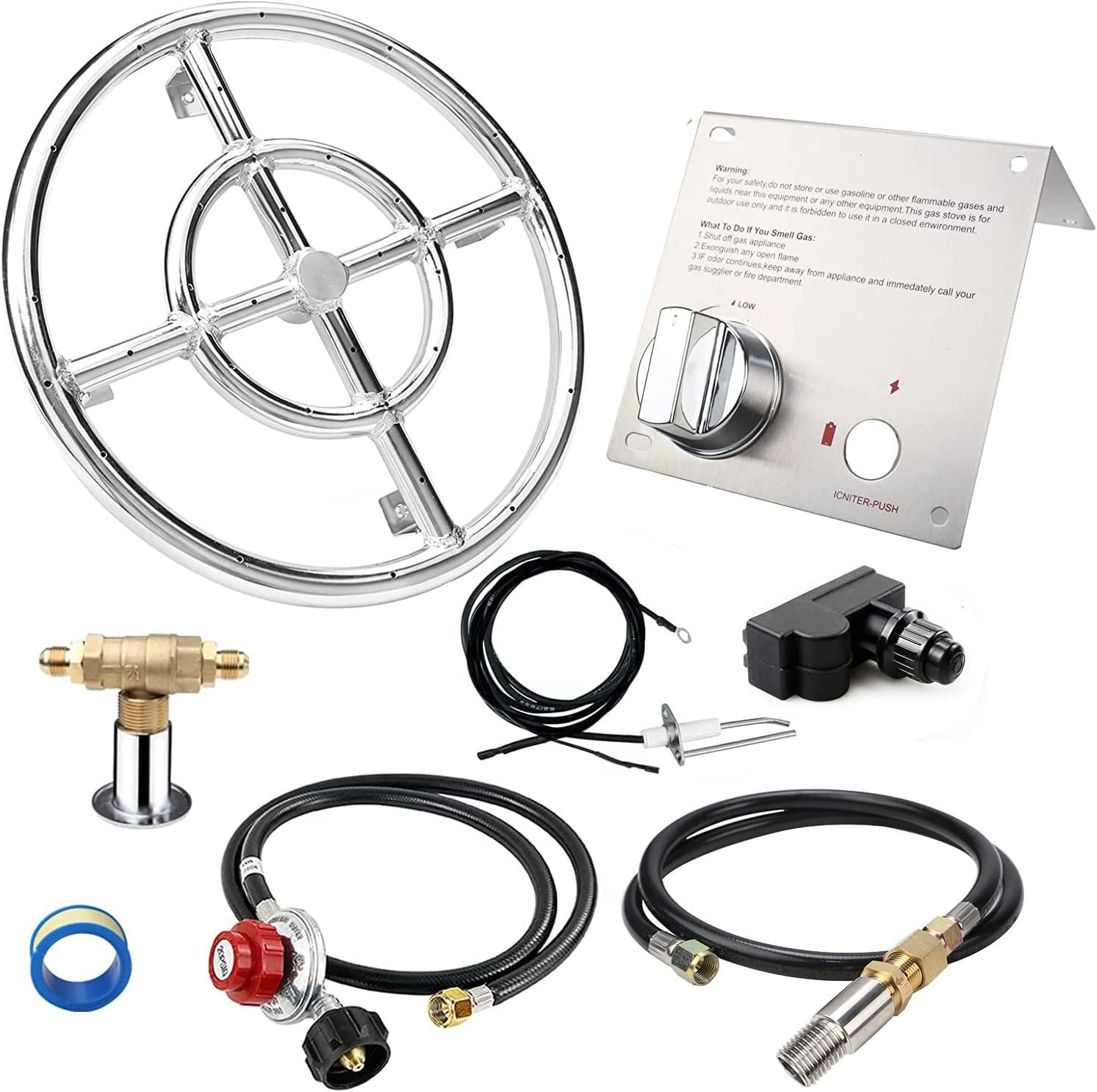 Uniflasy 12 Fire Pit Ring Burner Kit, Stainless Steel Propane Gas Firepit Ring Kit with Spark Ignition, Control Knob and Propane Hose Installation Kit for Indoor&Outdoor Fireplaces DIY Burner Kit