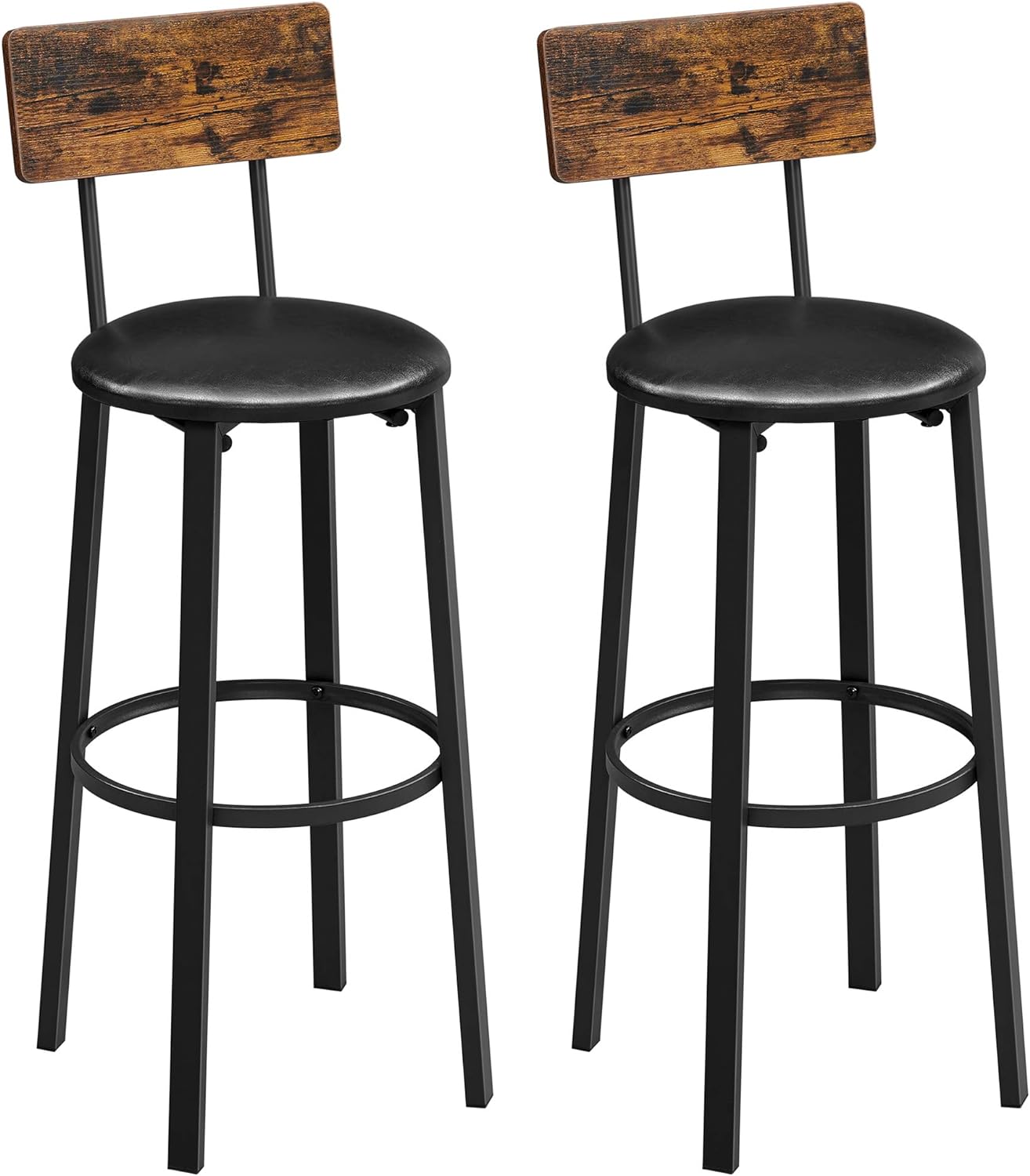 VASAGLE Bar Stools, Set of 2 PU Upholstered Breakfast Stools, 29.7 Inches Barstools with Back and Footrest, Simple Assembly, for Dining Room Kitchen Counter Bar, Rustic Brown and Black ULBC069B81