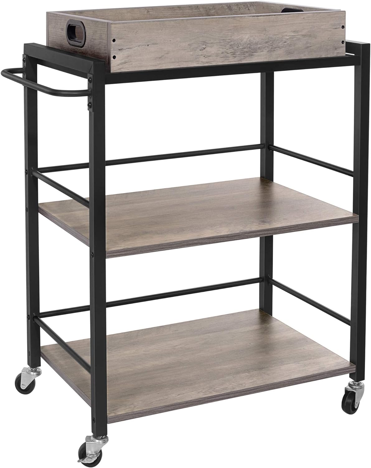 VASAGLE Industrial Bar Cart for The Home, Serving Cart with Wheels and Handle, 3-Tier Beverage Cart with Removable Tray and Storage Shelves for Living Room Kitchen, Greige and Black ULRC072B02