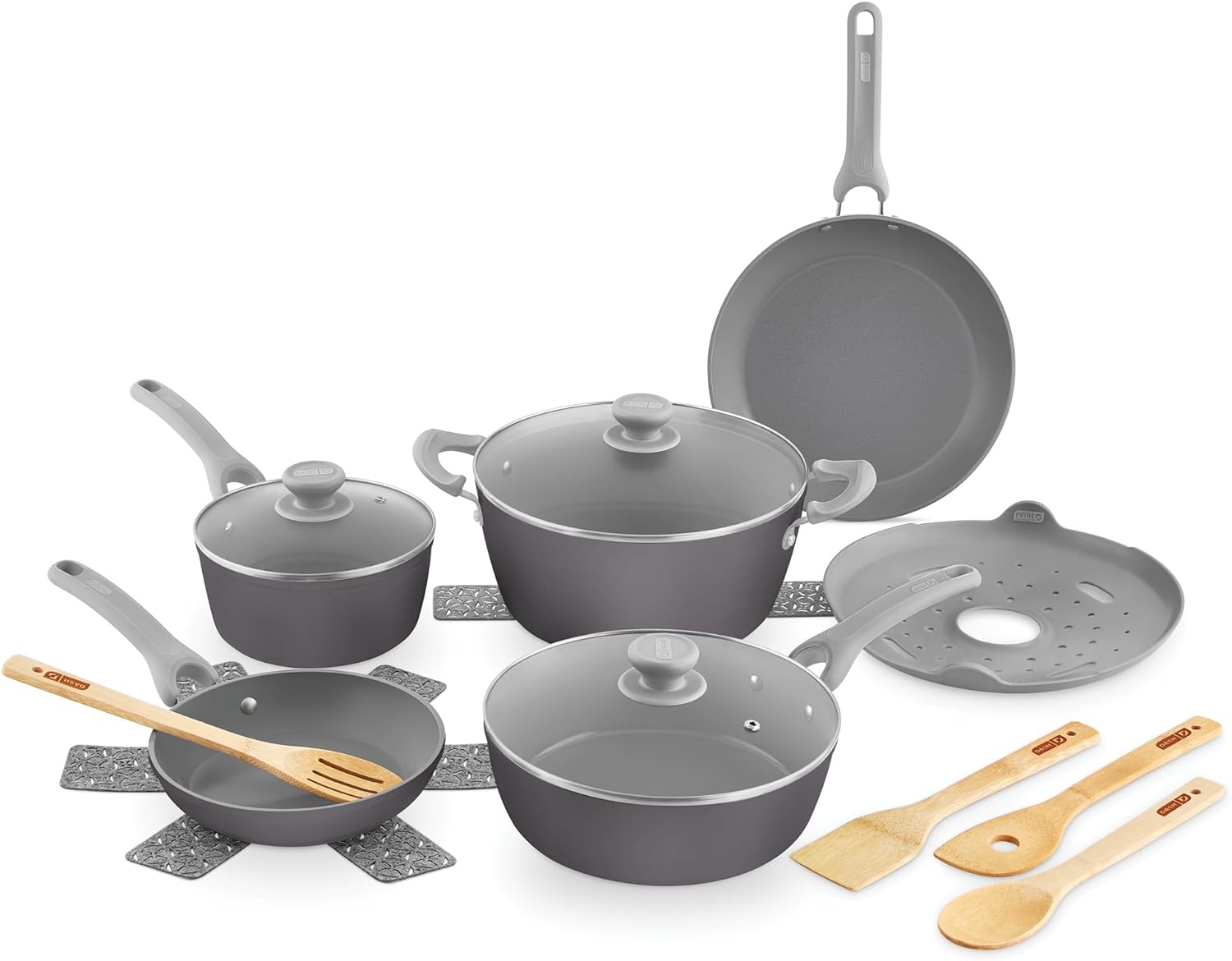 DASH Dream Green Ceramic Recycled Aluminum 15 Piece Cookware Set- Slate Grey